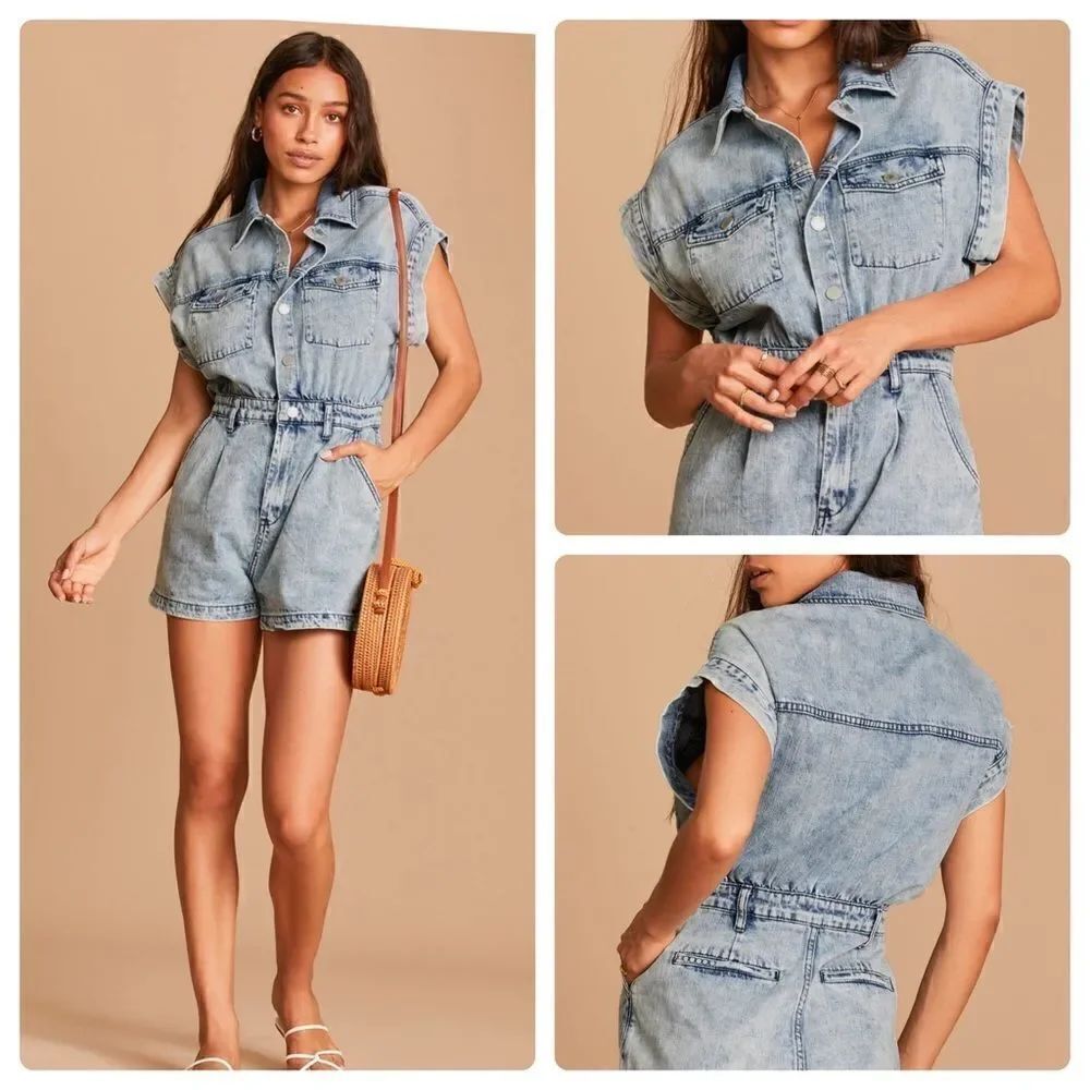Blank NYC Light Wash Denim Short Sleeve Romper LARGE NWT
